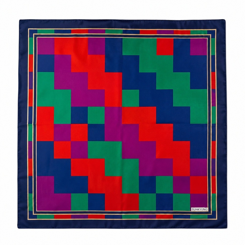 Vintage Sunkyung Geometric Colorblock Scarf Womens Silk Blend Classic Retro Chic